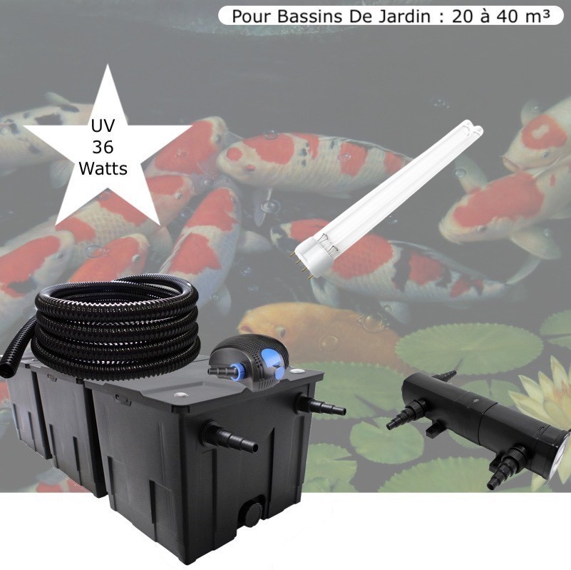 Kit Filtre bassin, Avec UV 36W, + 1 ampoule supplémentaire Pour Bassin De Jardin : 20 à 40 m³. Tout inclus