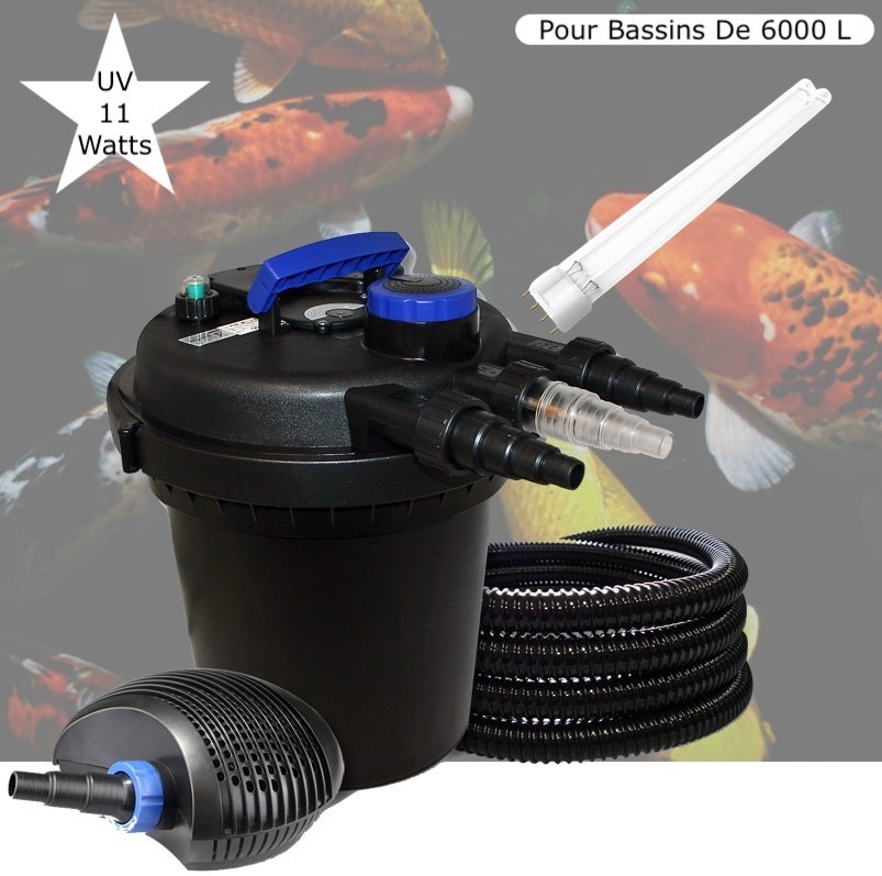 Kit Filtre Pression UV 11W + 1 ampoule UV de rechange Puissant, Pour Bassins De 6000 L