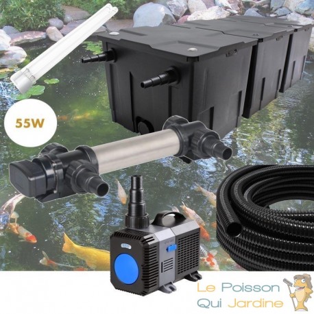 Kit de Filtration complet avec UV 55W pour bassin de jardin : 40 à 60 m³ + 1 ampoule UV de rechange