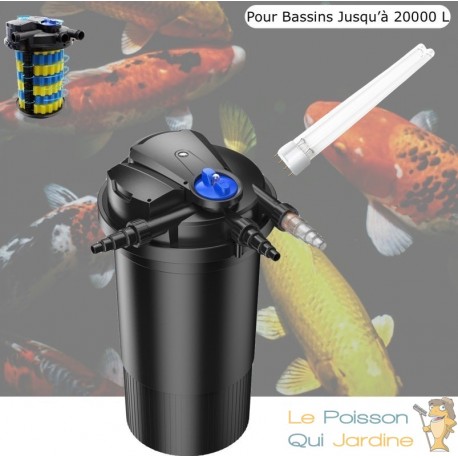 Filtre Bassin De Jardin Sous Pression, UV 18W, Max 20000L + 1 ampoule UV de rechange