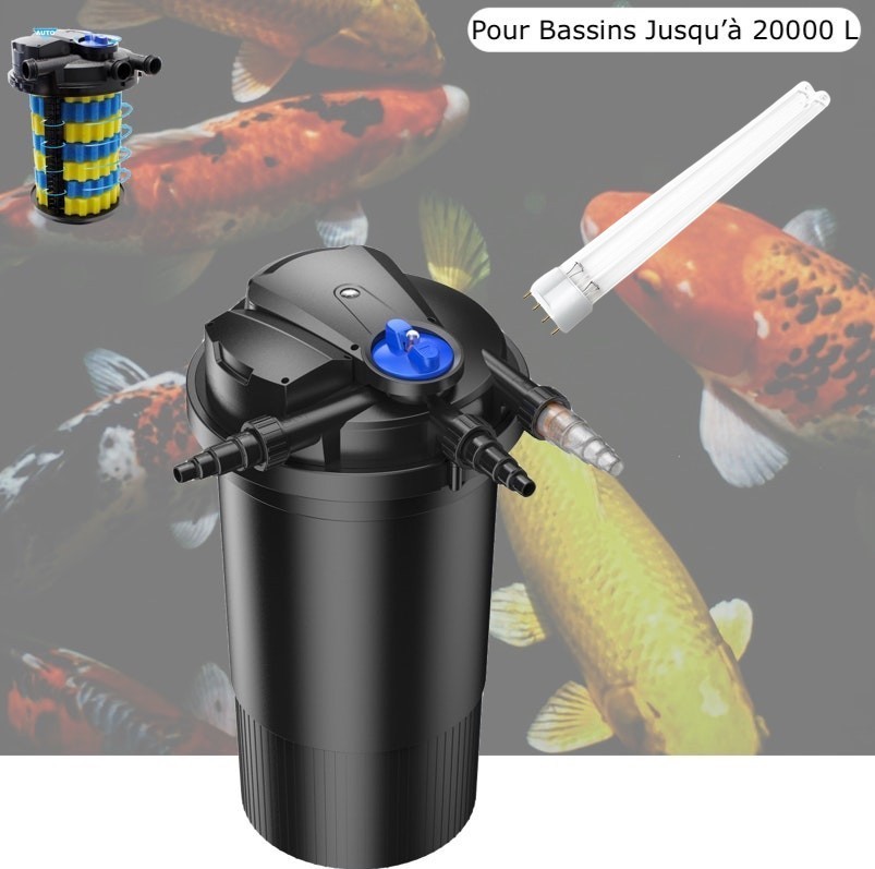 Filtre Bassin De Jardin Sous Pression, UV 18W+ 1 ampoule UV de rechange , Max 20000L, Modèle Premium