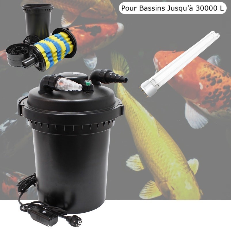 Filtre Bassin De Jardin Sous Pression, UV 18W, Bassins Jusqu'à 30000 Litres + 1 ampoule UV de rechange