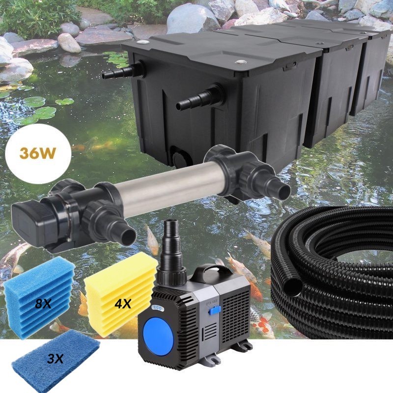 Kit Filtration UV 36W, Acier Inoxydable, + Jeu de mousses Bassin de Jardin: 40-60 m³