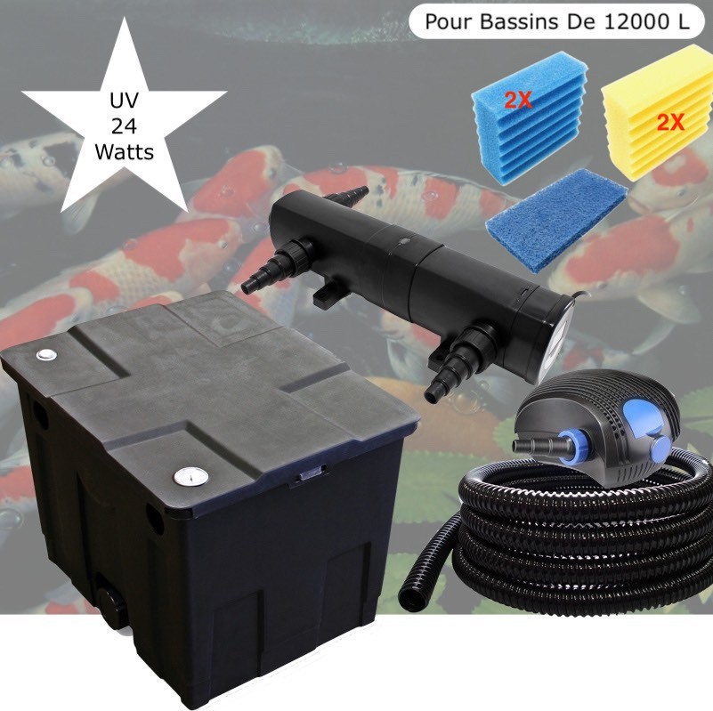 Kit Filtration Complet, UV 24W, + Jeu de mousses Pour Bassins De 12000 L