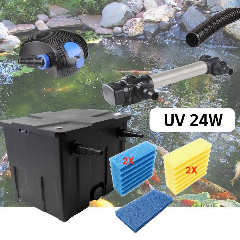 Kit De Filtration, Avec UV 24W Inox, + Jeu de mousses Pour Bassin De Jardin : 5 à 10 m³