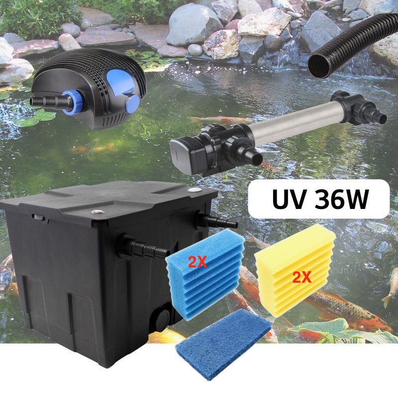 Kit De Filtration, Avec UV 36W Inox, + Jeu de mousses Pour Bassin De Jardin : 5 à 10 m³