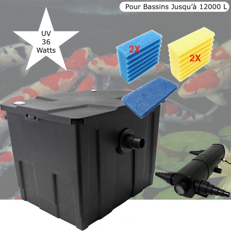 Filtre Bassin + Clarificateur UV Stérilisateur 36W, + Jeu de mousses Bassin De Jardin Jusqu'à 12000 Litres