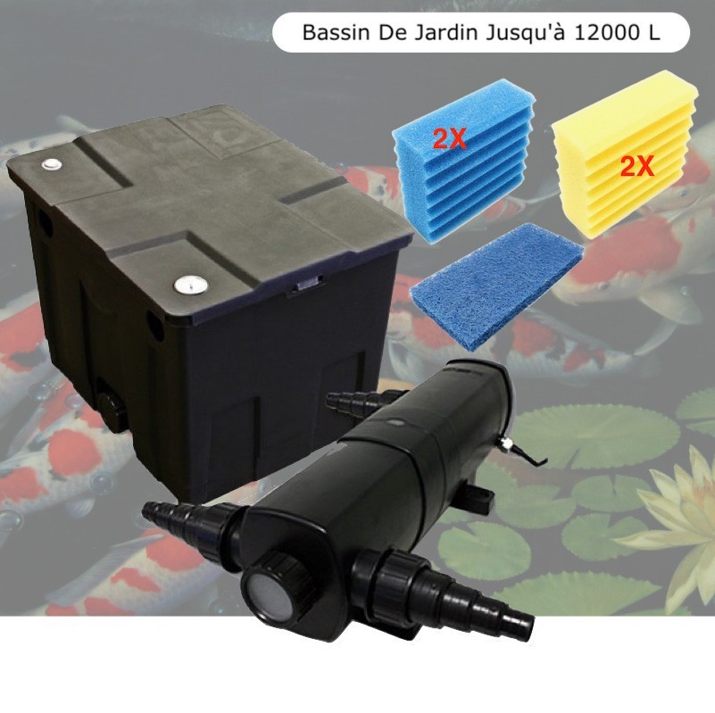 Filtre Bassin + Clarificateur UV Stérilisateur 18W, + Jeu de mousses Bassin De Jardin Jusqu'à 12000 Litres