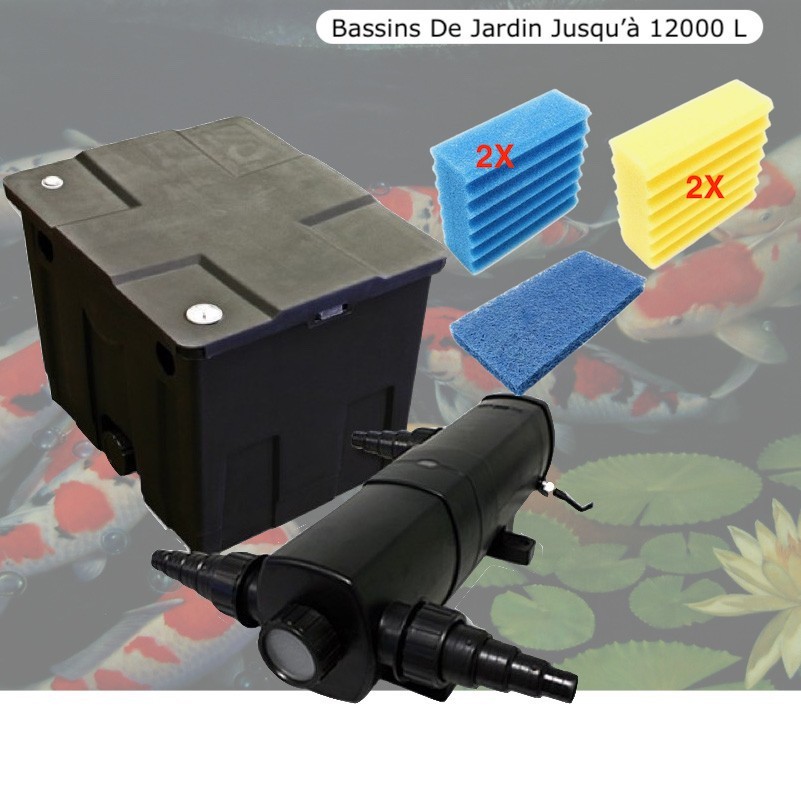Filtre Bassin + Clarificateur UV Stérilisateur 24W + Jeu de mousses Bassin De Jardin Jusqu'à 12000 Litres
