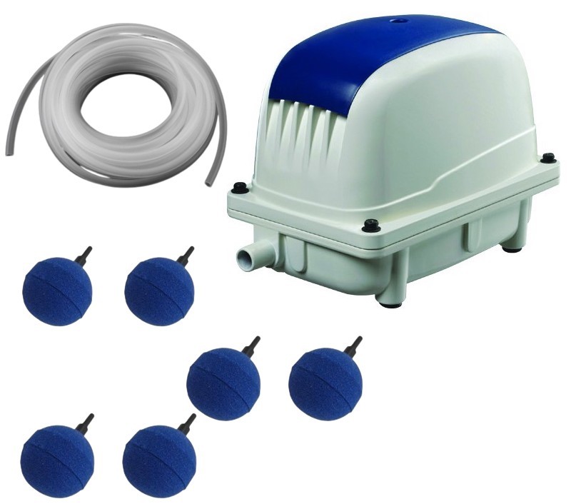 Set Aérateur Bassin Pompe à air 4800 l/h 6 Boules diffuseurs 5 cm de diamètre SILENCIEUX. Pour 8000 litres environ