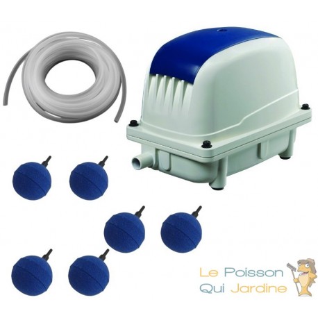 Set Aérateur Bassin Pompe à air 6000 l/h 6 Boules diffuseurs 5 cm de diamètre SILENCIEUX. Pour 4000 litres environ