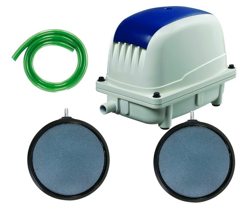 Set Aérateur Bassin Pompe à air 9000 l/h 2 diffuseurs PRO 20 cm de diamètre SILENCIEUX. Pour 12000 - 15000 litres environ
