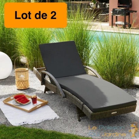 Bain de soleil gris 5 positions, cadre alu et résine tressée. Transat de qualité