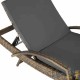 Bain de soleil marron naturel 5 positions, cadre alu et résine tressée. Transat de qualité