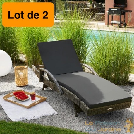 Bain de soleil marron naturel 5 positions, cadre alu et résine tressée. Transat de qualité
