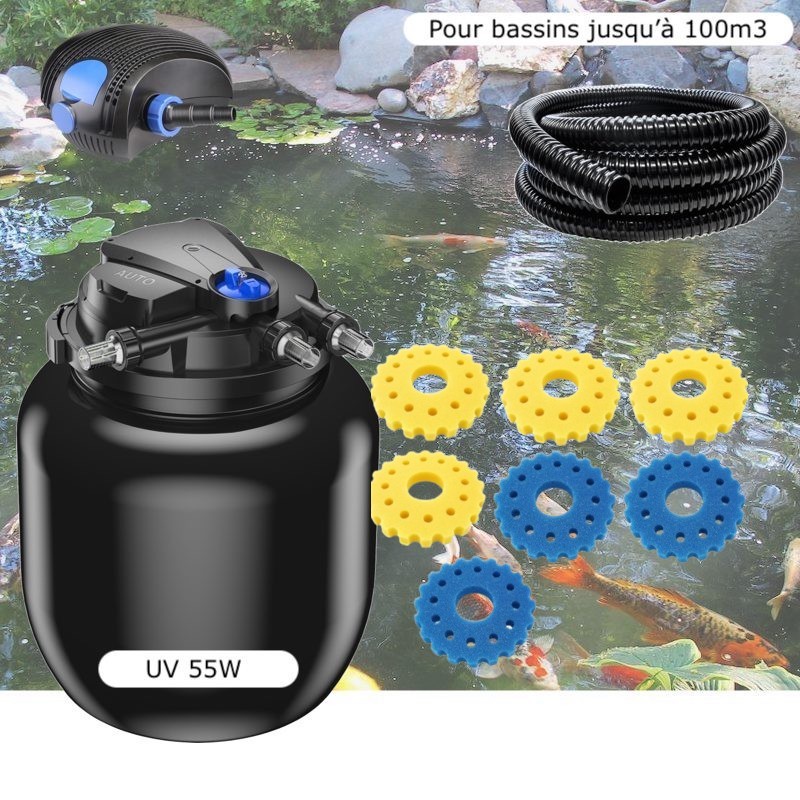 Kit Filtre Pression UV 55W, Pompe, + Mousses Supplémentaires Tuyau, Pour Bassins De 100000 L