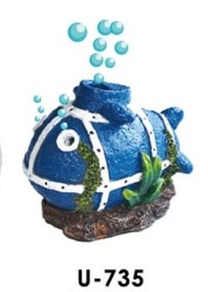 Diffuseur d'air aquarium Dophin U-735 – Accessoire en forme de sous marin bleu avec tuyau et pierre diffuseur