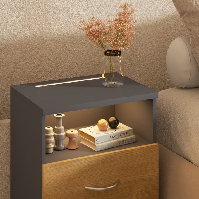 Table de chevet + LED gris/bois 54 x 40 x 28 cm 2 grands tiroirs