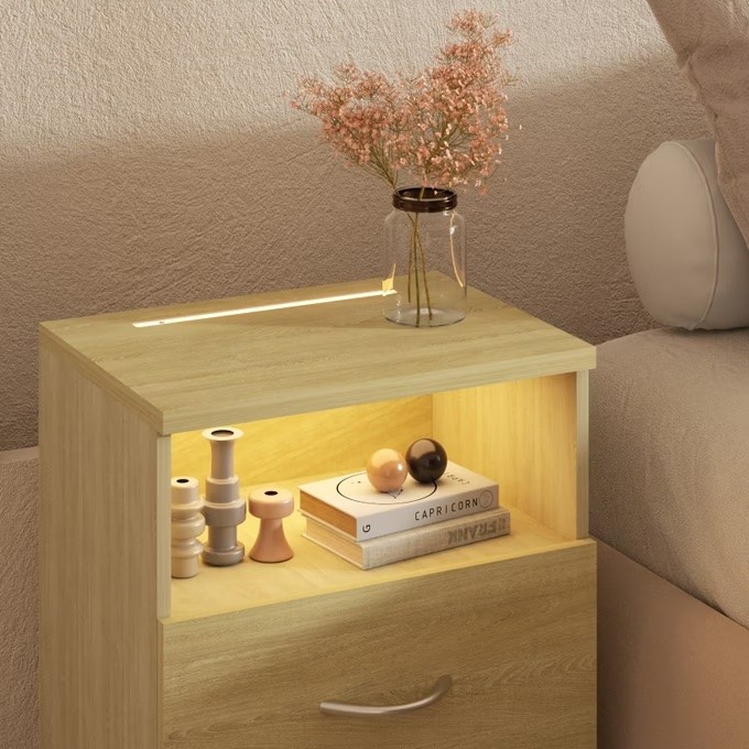 Table de chevet + LED Brun 54 x 40 x 28 cm 2 grands tiroirs