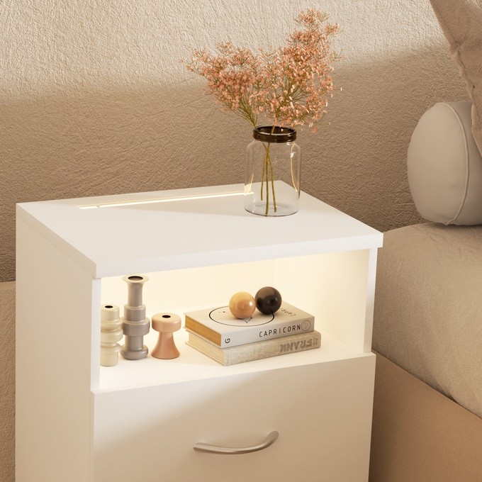 Table de chevet + LED Blanc 54 x 40 x 28 cm 2 grands tiroirs