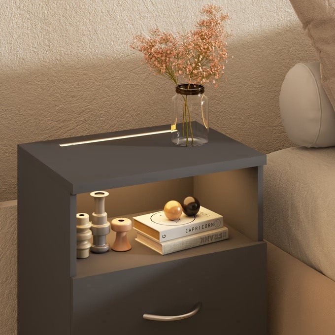 Table de chevet + LED Gris Anthracite 54 x 40 x 28 cm 2 grands tiroirs