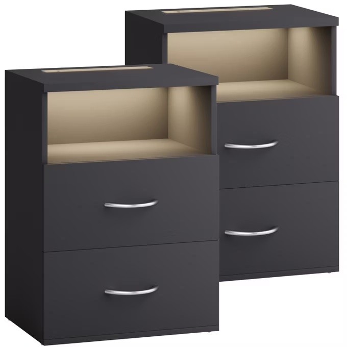 Paire de Table de chevet + LED Gris Anthracite 54 x 40 x 28 cm 2 grands tiroirs