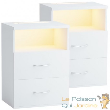 Table de chevet + LED Blanc 54 x 40 x 28 cm 2 grands tiroirs