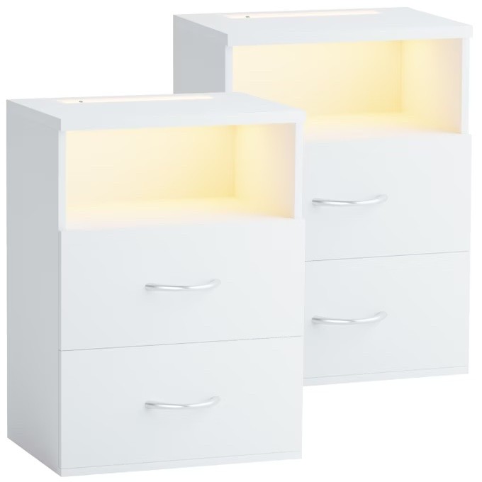 Paire de Table de chevet + LED Blanc 54 x 40 x 28 cm 2 grands tiroirs