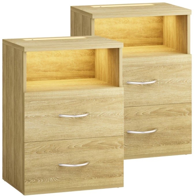 Paire de Table de chevet + LED Brun 54 x 40 x 28 cm 2 grands tiroirs