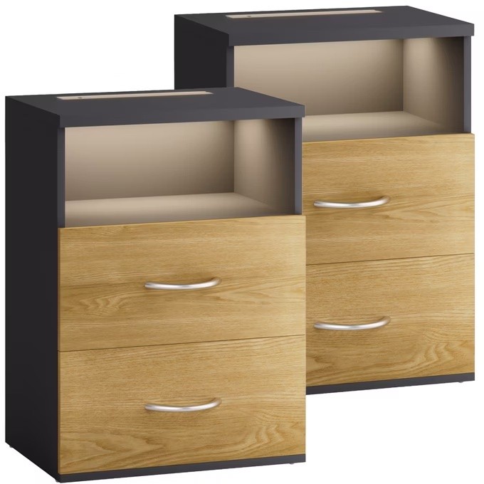 Paire de Table de chevet + LED gris/bois 54 x 40 x 28 cm 2 grands tiroirs