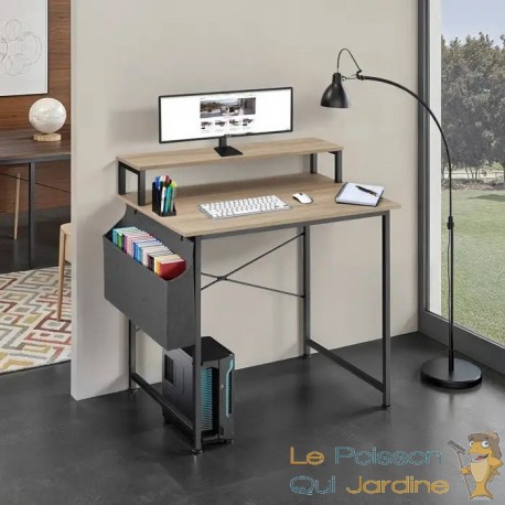 Bureau industriel 80 cm avec étagère et poche latérale – Bois Clair & métal
