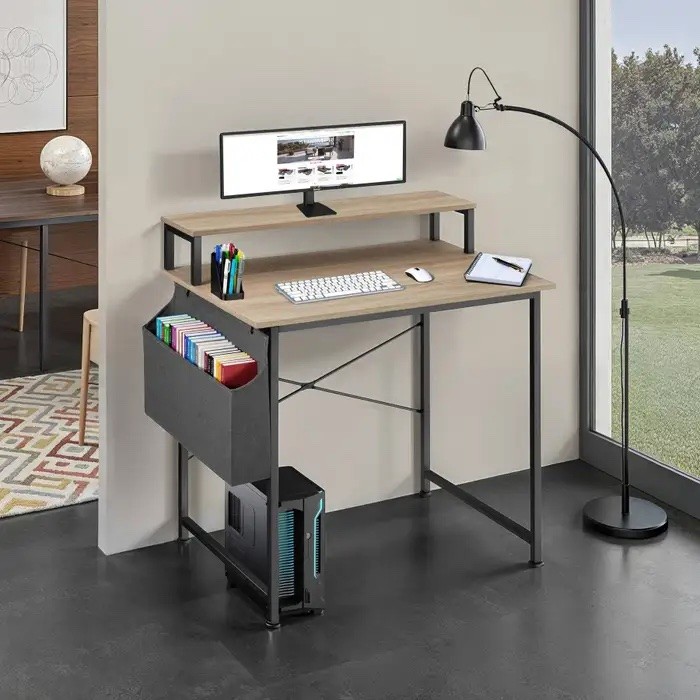 Bureau industriel 80 cm avec étagère et poche latérale – Bois Clair & métal