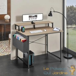 Bureau industriel 120 cm avec étagère et poche latérale – Bois Clair & métal