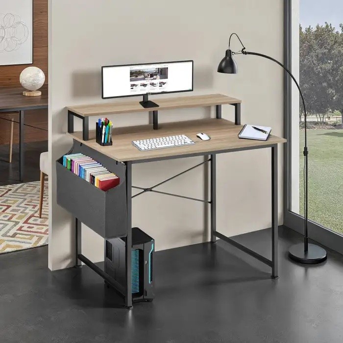 Bureau industriel 120 cm avec étagère et poche latérale – Bois Clair & métal