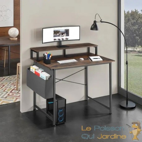 Bureau industriel 120 cm avec étagère et poche latérale – Bois Foncé & métal