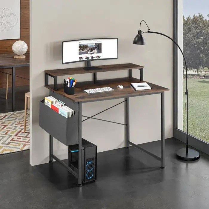 Bureau industriel 120 cm avec étagère et poche latérale – Bois Foncé & métal