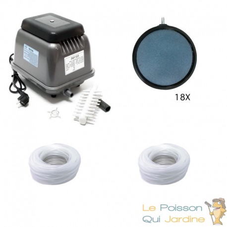 Set aération bassin 18 diffuseurs 10 cm + pompe à air 16800 l/h. Bassins de + de 50 m³