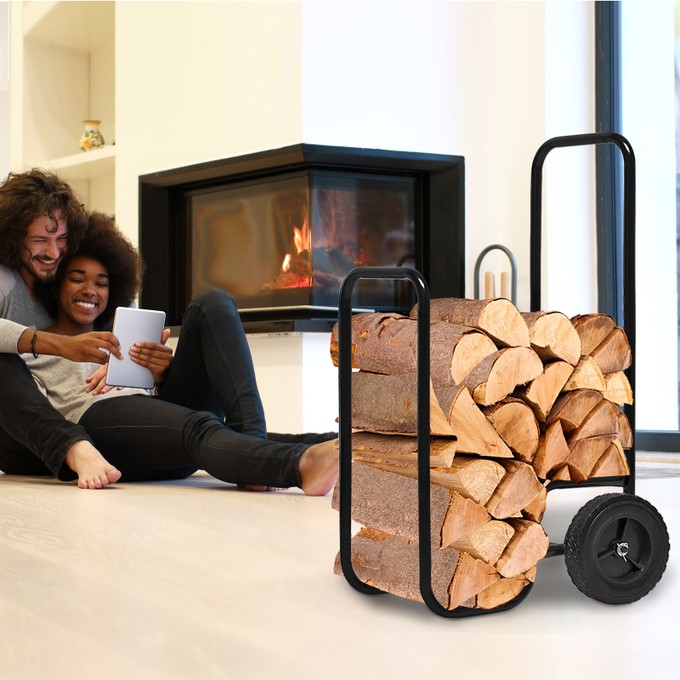 Chariot à Bois Cheminée Acier 80 kg - Roues Caoutchouc 105 cm