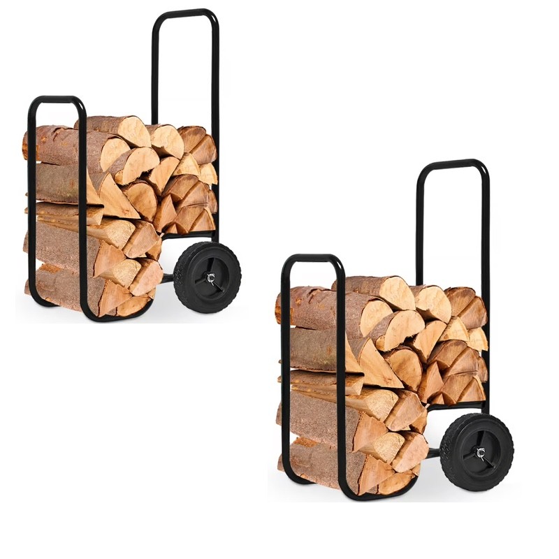 2 Chariots à Bois Cheminée Acier 80 kg - Roues Caoutchouc 105 cm