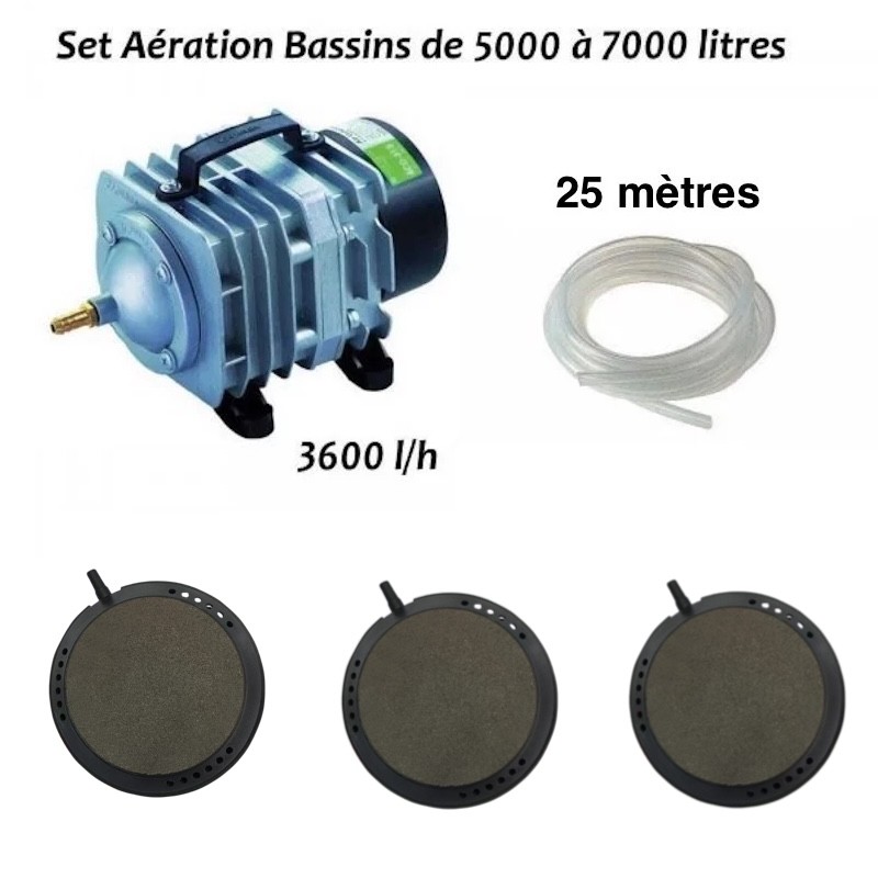 Set Pompe à air Bassin De Jardin De 5000, 4000 Et 7000 . Aérateur + bulleurs disque 10 cm