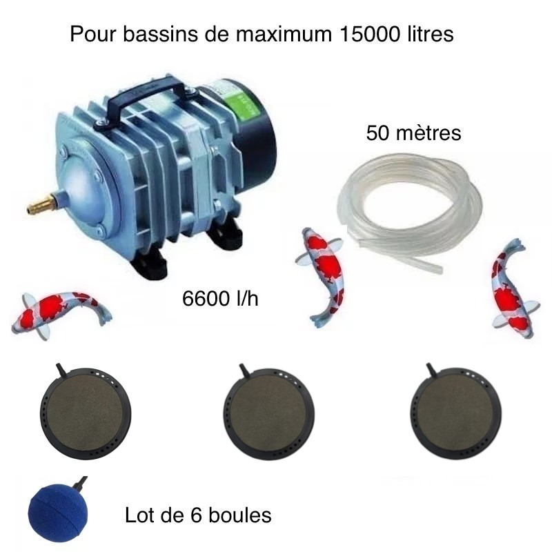 Set aération bassin de jardin 6 Boules + 3 disques 10 cm de 12000 à 15000 l
