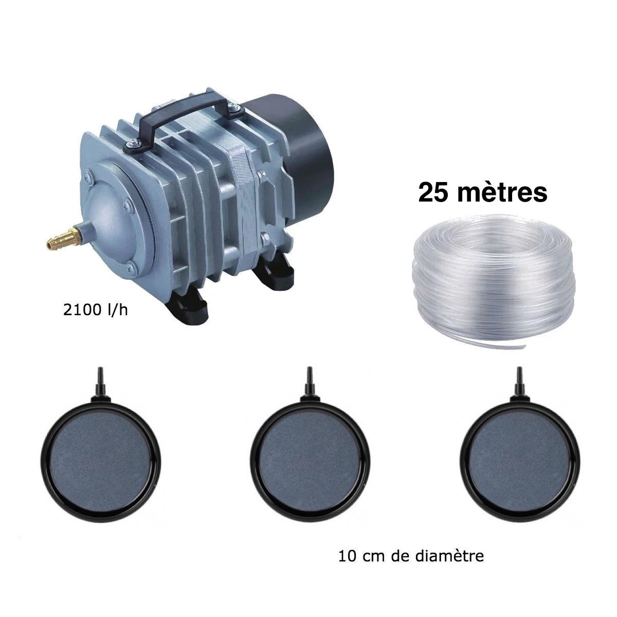 Set aérateur bassin de jardin 3 Disques 10 cm PREMIUM de 0 à 5000 l. Pompe à air bassin + bulleurs de qualité
