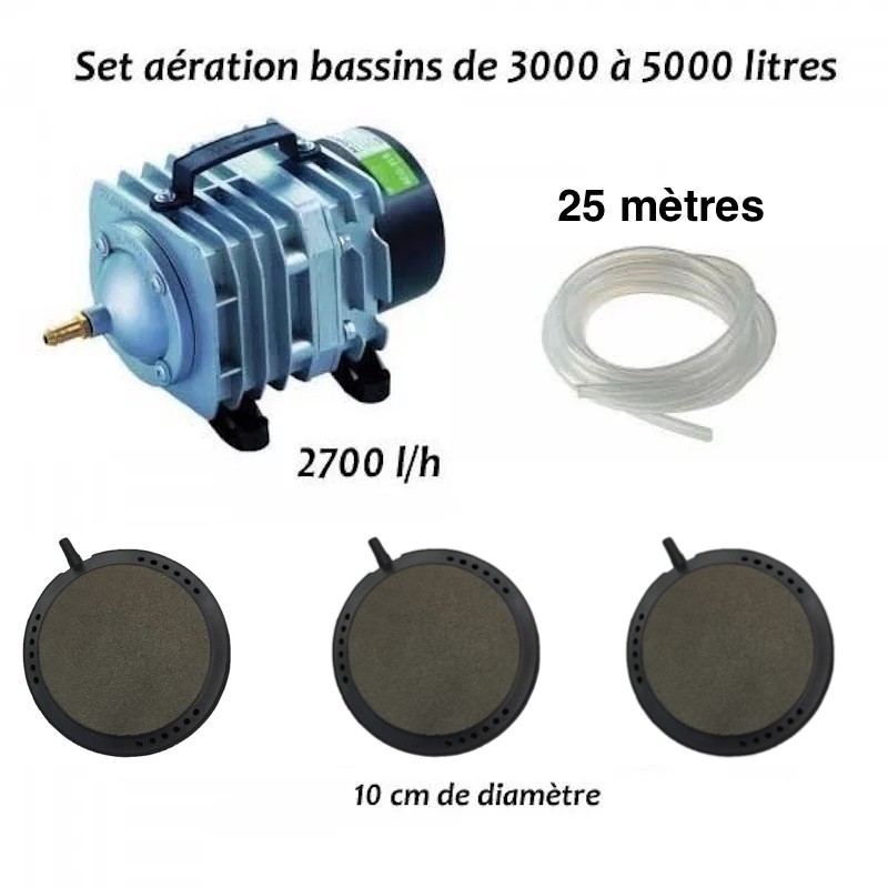 Set aérateur bassin de jardin de 3000 à 5000 l. pompe à air bassin + 3 bulleurs disques