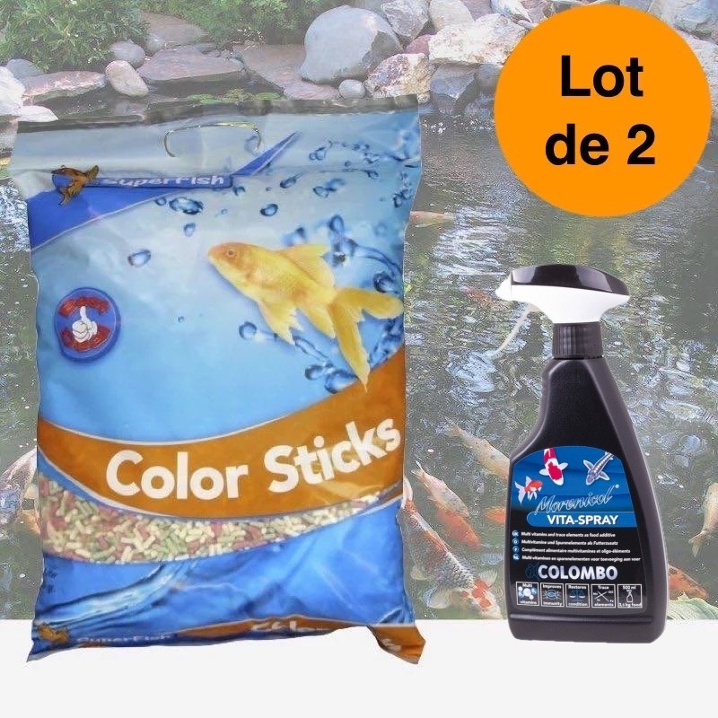Pack Nutrition et Vitalité pour Carpes Koï – Nourriture Mix Sticks 2×15 L + Spray Vitaminé