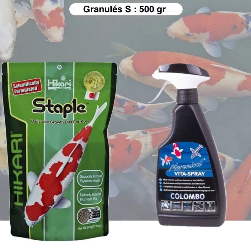 Pack Granulés Premium Croissance 500 g + Spray Vitaminé – Petits Poissons de Bassin