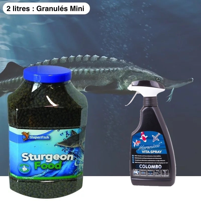 Pack Esturgeons 2 L + Spray Vitaminé – Alimentation Spécifique Poissons de Bassin