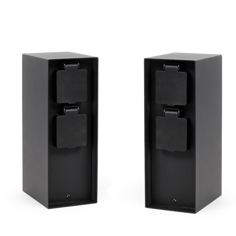 Lot de 2 Bornes Multiprises Jardin 4 Prises IP44 | Acier Noir
