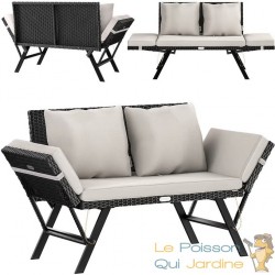 Banc de jardin en polyrotin noir crème 176x56x81cm Canapé dépliant multifonctionnel 2 en 1