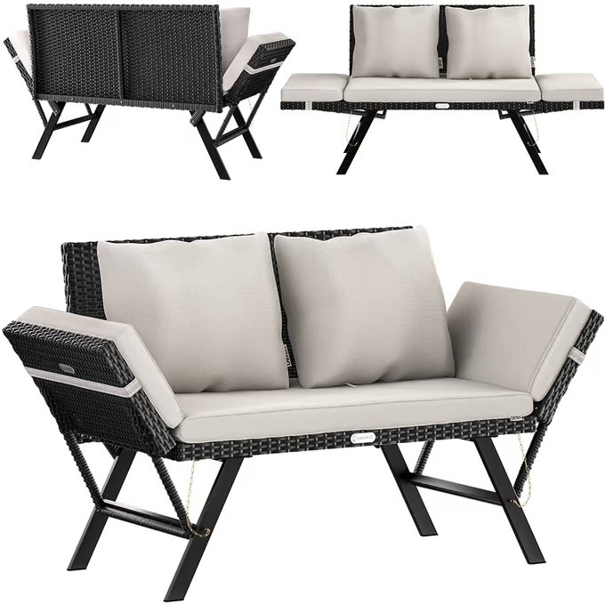 Banc de jardin en polyrotin noir crème 176x56x81cm Canapé dépliant multifonctionnel 2 en 1