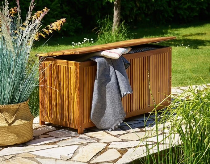 Coffre de jardin 205L en bois d'acacia avec doublure intérieure